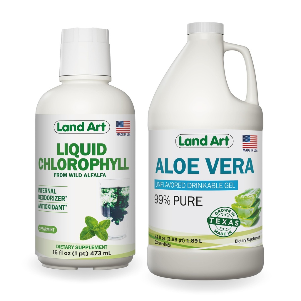 Land Art Pure Aloë Vera Drinkbare Gel Unflavored 64 fl oz + Liquid Chlorofyl Mint Flavored 16 fl oz