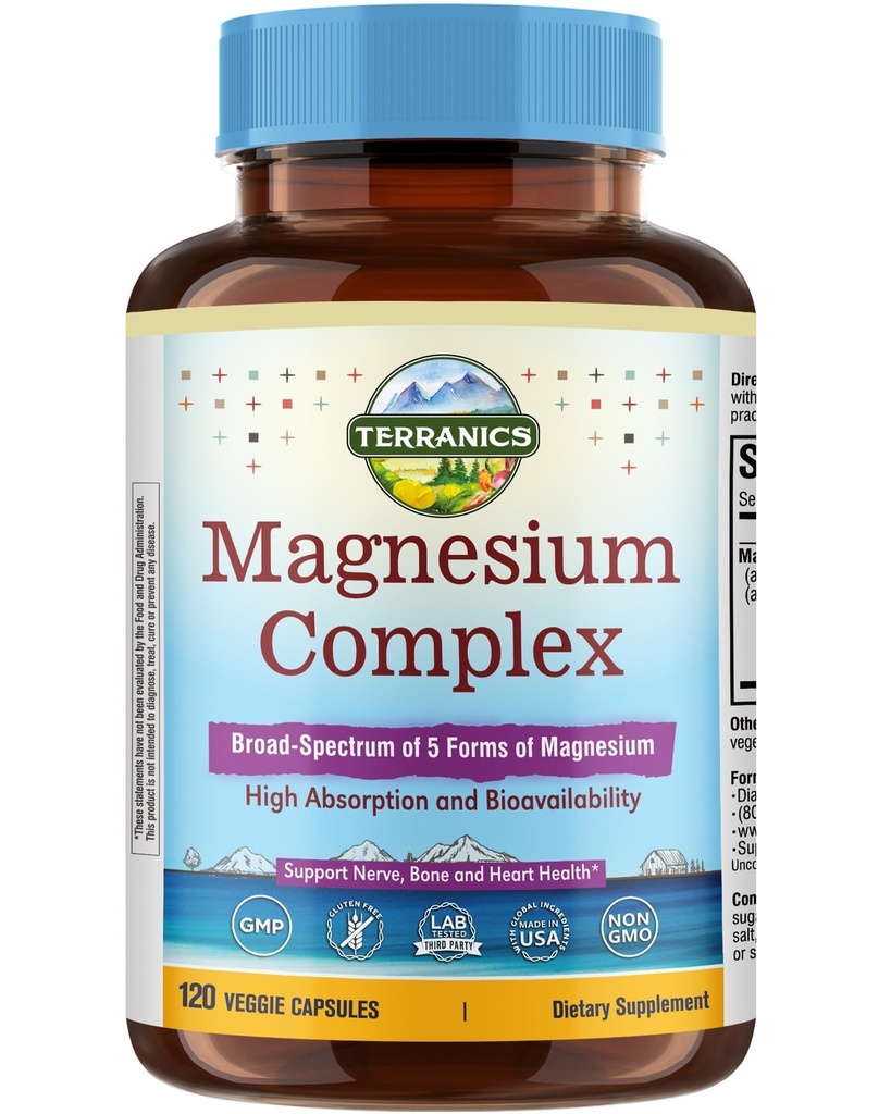 Terranics 5-in-1 Magnesium Complex Supplement 500mg - 5 vormen Hoge Absorptie Magnesium Glycinate Citrate Malate Aspartate Gluconate for Sleep Heart Health - Non-GMO 120 Vegan Capsules