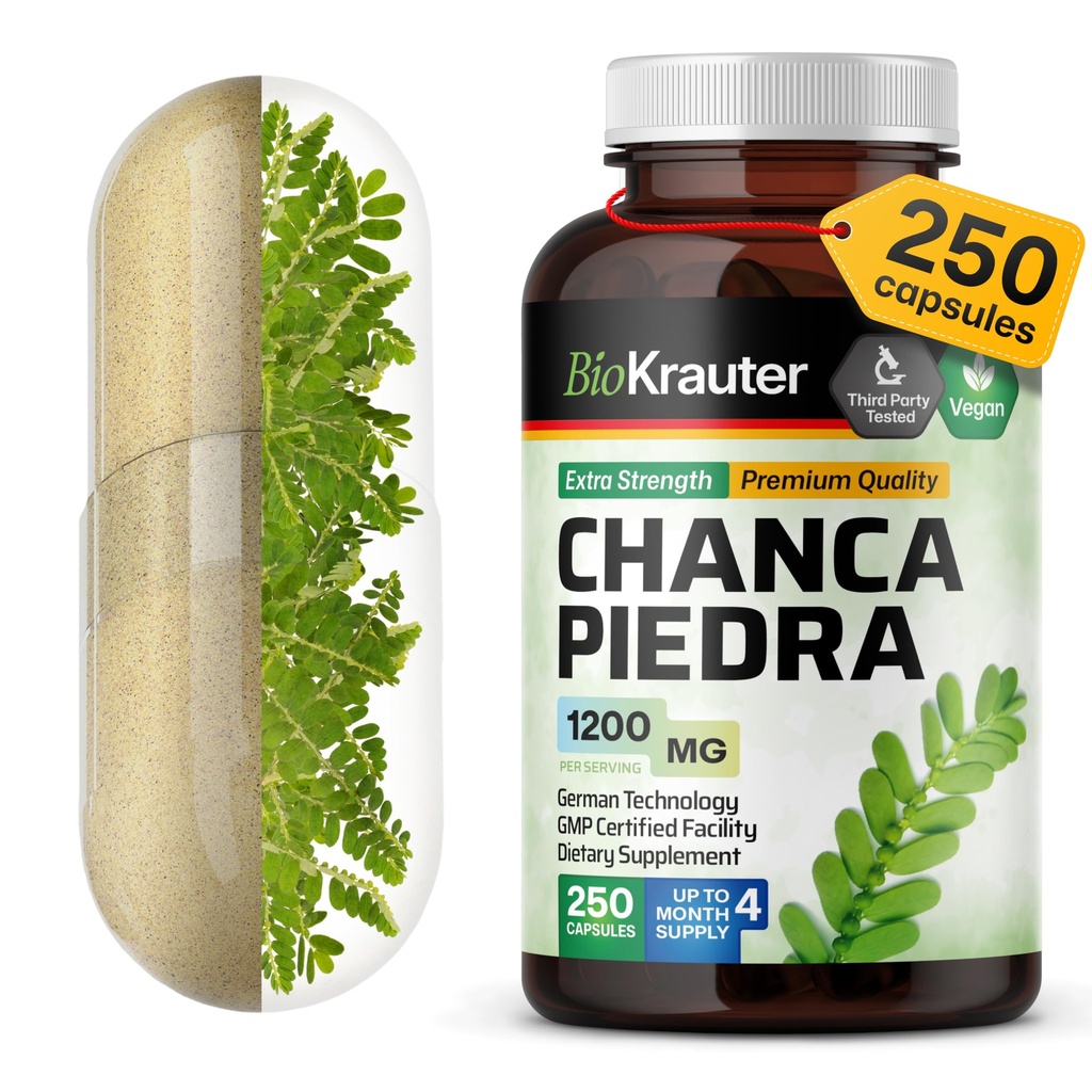 BIO KRAUTER® Chanca Piedra for Kidney Support - Vegan & Pure Chanca Piedra Stone Breaker - Natural Kidney Stones Dissolver & Gallbladder Cleanse Formula 1200 mg per Serving, 250 Capsules, Non-GMO