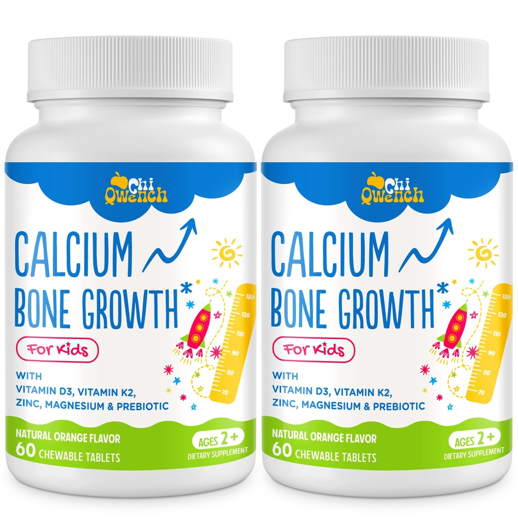 500 MG Calciumsupplement met vitamine D3 & K2, zink, magnesium & prebiotica. Kinderen Vitaminen voor de kinderhoogte. Botsterkte, Hoge Absorptie, Oranje Kauwtabletten, Glutenvrij, 120 Tabs