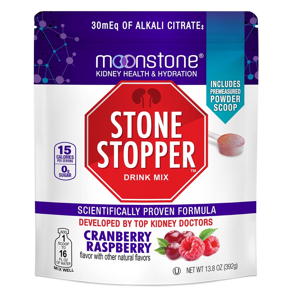 Moonstone Stone Stopper Drink Mix, Cranberry Raspberry, Niersteen Preventie, Calcium Oxalaat Beschermer, Ontwikkeld door Urologen om Hydratatie en Ondersteuning Niergezondheid te verbeteren, 30 dagen Levering