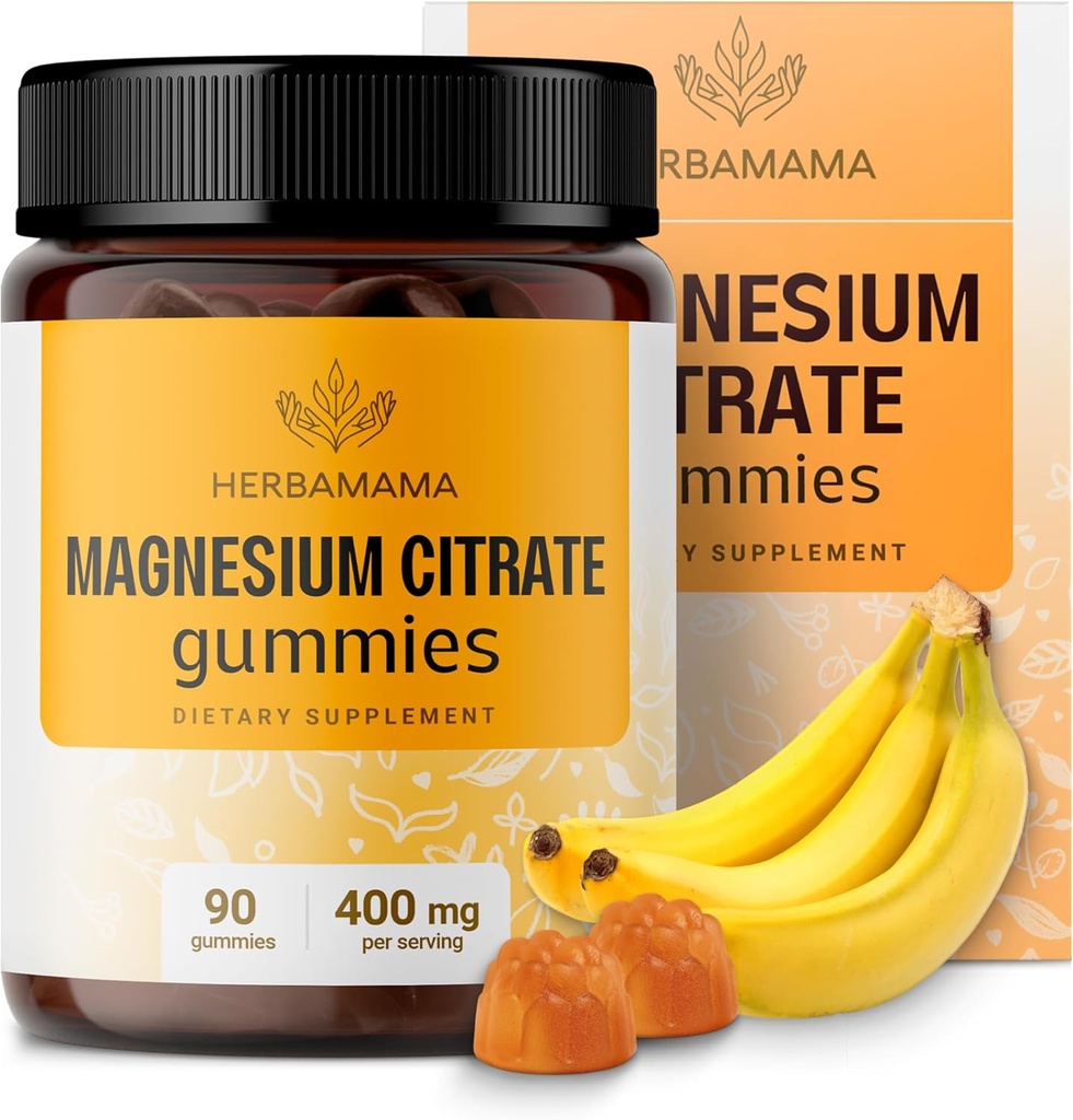 HERBAMAMA Kalm Magnesium Gummies - 400mg Magnesium Citrate for Relaxation Support - Vegan, Non-GMO Calming Supplement for Adults - 90 Pectine-Banana-Flavored Chews
