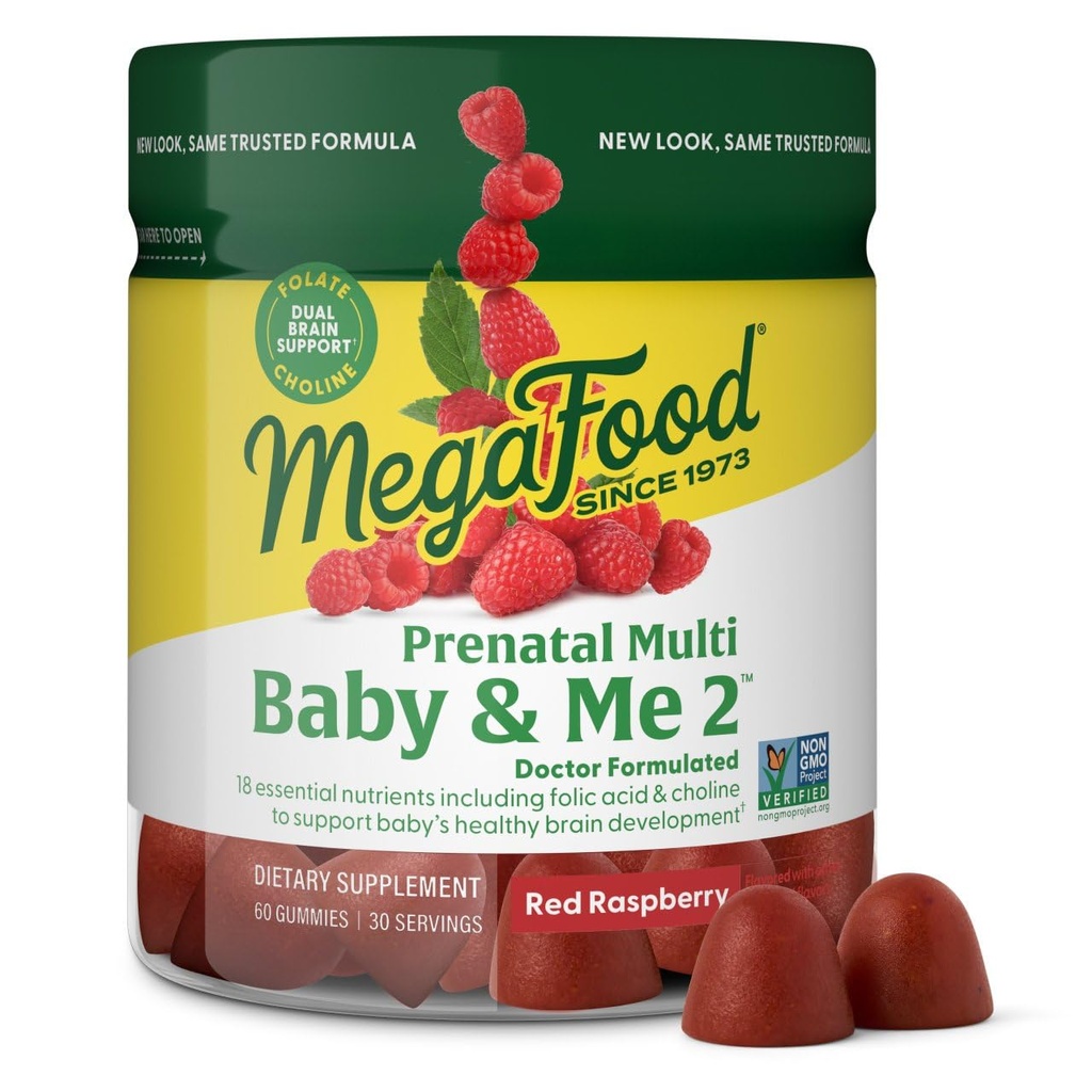 MegaFood Baby & Me 2 Prenatale vitamines voor vrouwen Gummies met foliumzuur en choline voor baby's hersenen ontwikkeling; Plus Real Fruit- Rode Raspberry smaak - 60 Gummies (30 Serves)