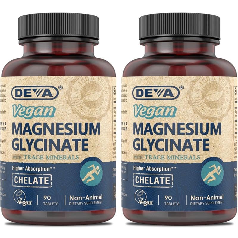 DEVA Vegan Magnesium Glycinate 300 mg per portie met Trace Minerals, Hogere Absorptie, Gecheld Magnesium, 90 Tabletten (Pack of 2)