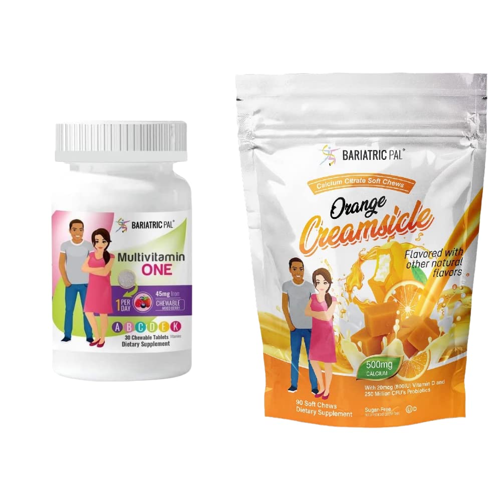 BariatricPal 30 dagen Bariatric Vitamine Bundle (Multivitamine ONE 1 per dag! Kauwbaar met 45mg ijzer - gemengde bes en calcium citraat zachte kauwt 500mg met Probiotica - Orange Creamsicle)