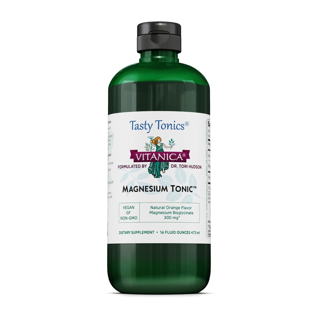 Vitanica Magnesium Tonic, Liquid Magnesium Bisglycinate Chelate 300 mg met vitamine B6, Dr Formuled Supplement, Orange Flavor, Vegan, Gluten Free en Non-GMO,16 fl oz