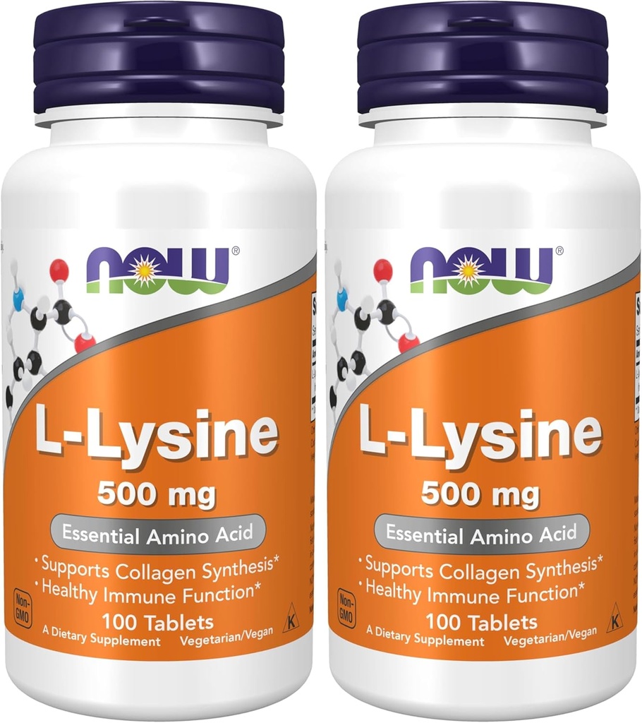 NOW Supplementen, L-Lysine (L-Lysine Hydrochloroide) 500 mg, Aminozuur, 100 Count(Pack of 2)