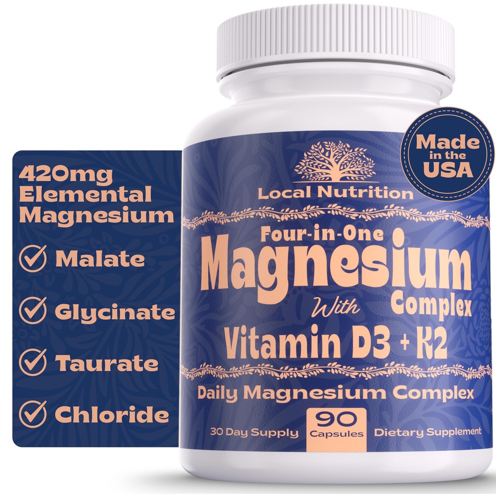 Magnesium Complex 420mg with Vitamin D3 K2 - Four Bioavailable Forms Including Bisglycinate (Glycinate), Malate, Taurate, and Chloride for Superior Absorption - 90 Capsules Made in USA
