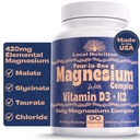 4-in-1 Magnesium Complex 420mg met vitamine D3 K2 - Premium Magnesium Supplement met Magnesium Malaat, Bisglycinaat (Glycinaat), Tauraat en Chloride - 90 Capsules Made in The USA