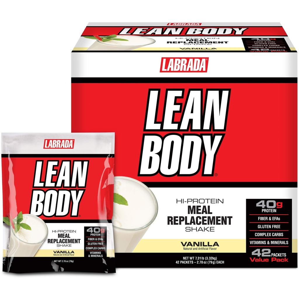 Labrada Lean Body MRP All-In-One Vanille Maaltijd Vervangingsshake, 40g eiwit, Wei Blend, 8g gezonde vetten EFA's & Vezel, 22 Vitaminen en Mineralen, Geen kunstmatige kleur, Glutenvrij, (42 Packets)