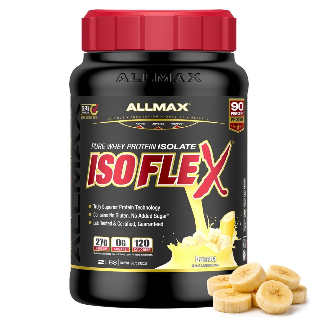 ALLMAX Nutrition ISOFLEX Wei proteïne isolaat, banaan - 2 lb - 27 gram eiwit per scoop - nulvet en suiker - 99% lactosevrij - glutenvrij en sojavrij - bij benadering 30 porties