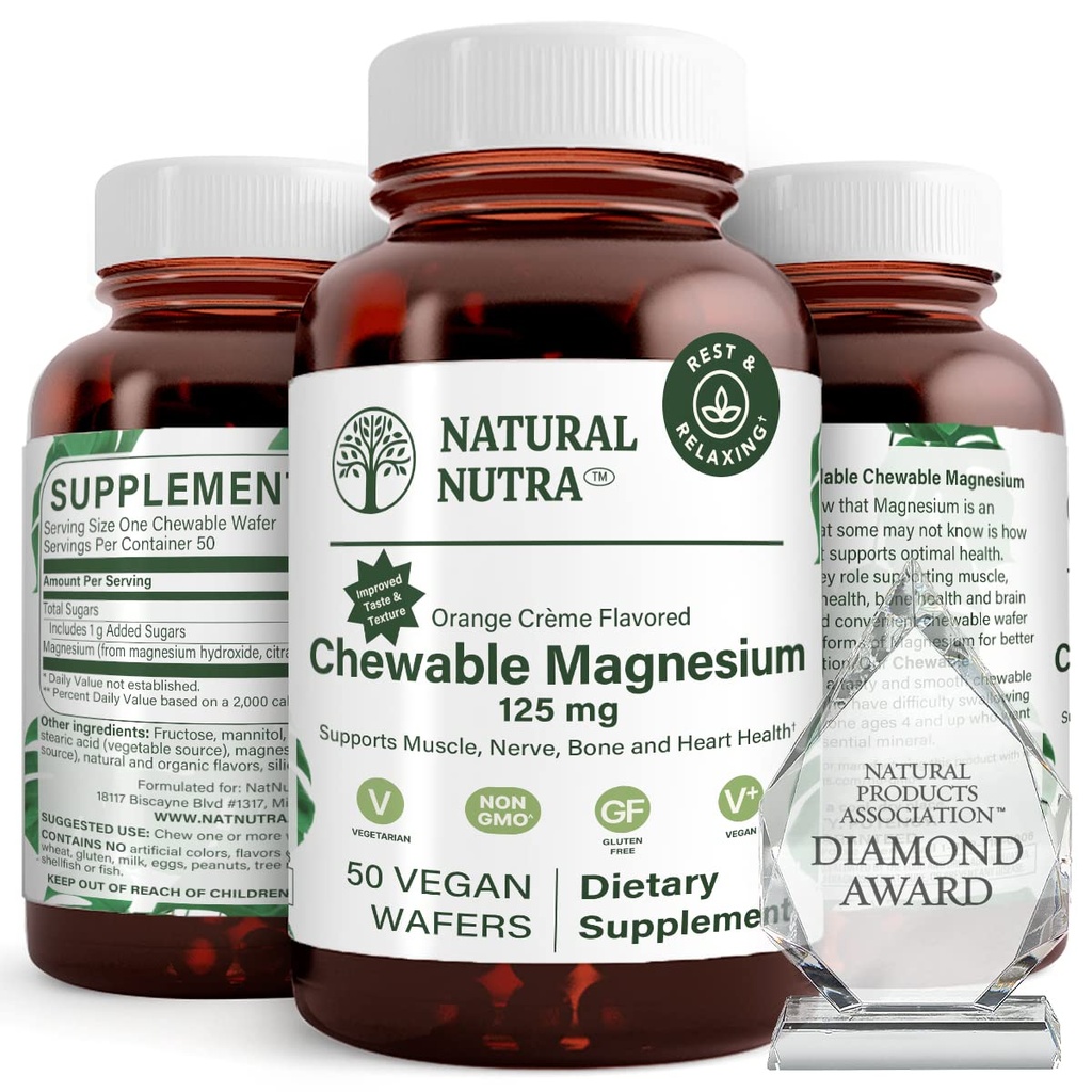 Natural Nutra Chewable Magnesium Supplement with Citrate and Chelate for Kids and Adults, Promotes Better Sleep, Best Pure Mag Chew for Muscle, Nerve, Bone, and Heart Health, 125mg, 50 Vegan Wafers