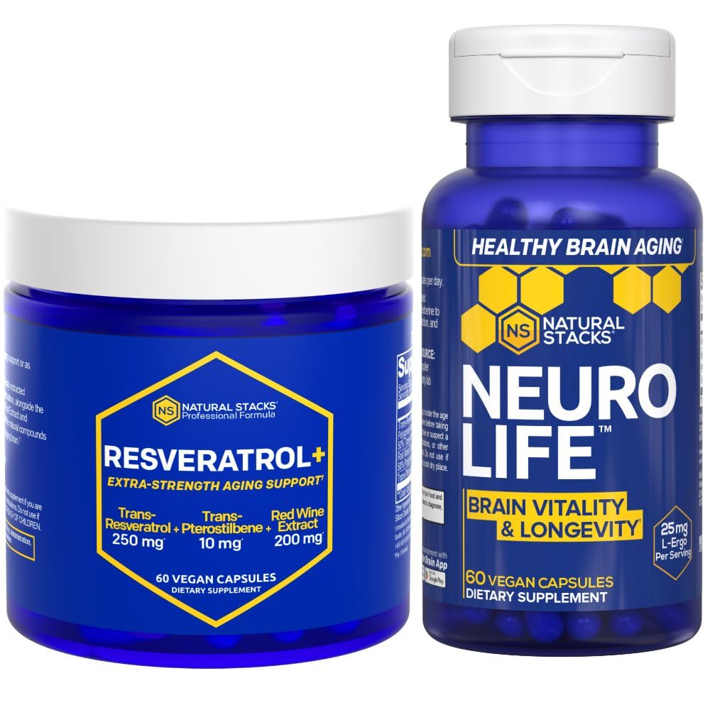 NATUURLIJKE STAKKEN NeuroLife & Resveratrol Supplement Bundle - Ondersteunt de levensduur en hersenveroudering* - 120 Totaal Capsules