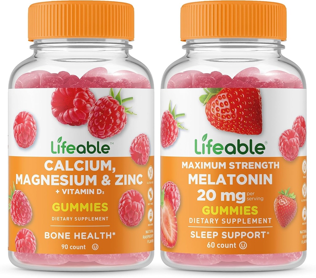 Levensvatbare Calcium, Magnesium, Zink & Vitamine D + Melatonine 20mg, Gummies Bundle - Grote Proeverij, Vitamine Supplement, Glutenvrij, GGO-vrij, Kauwgom