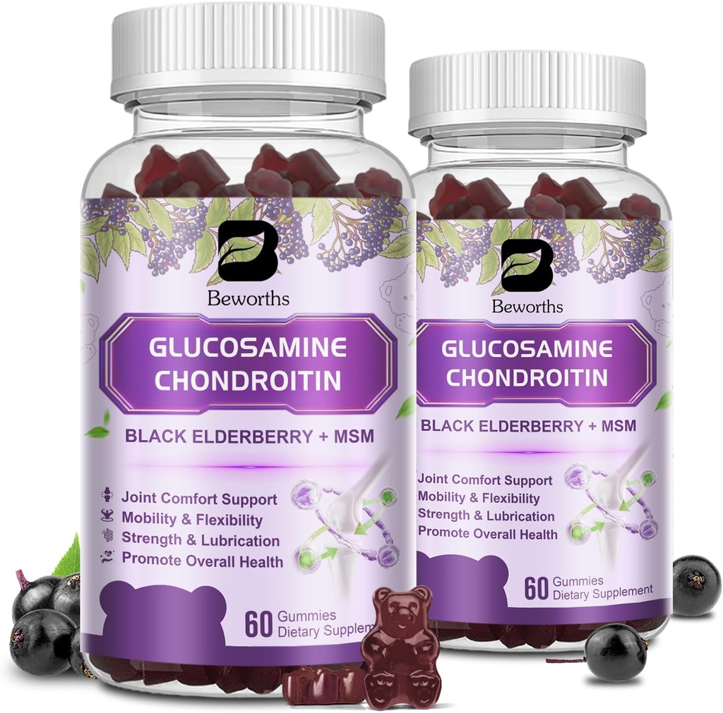 (2 Pack) Glucosamine Chondroitin Gummies, Extra Sterkte Joint Support Supplement met MSM & Vlierbes voor mobiliteit & flexibiliteit, Antioxidant Ondersteuning voor mannen & vrouwen, 120 Gummies