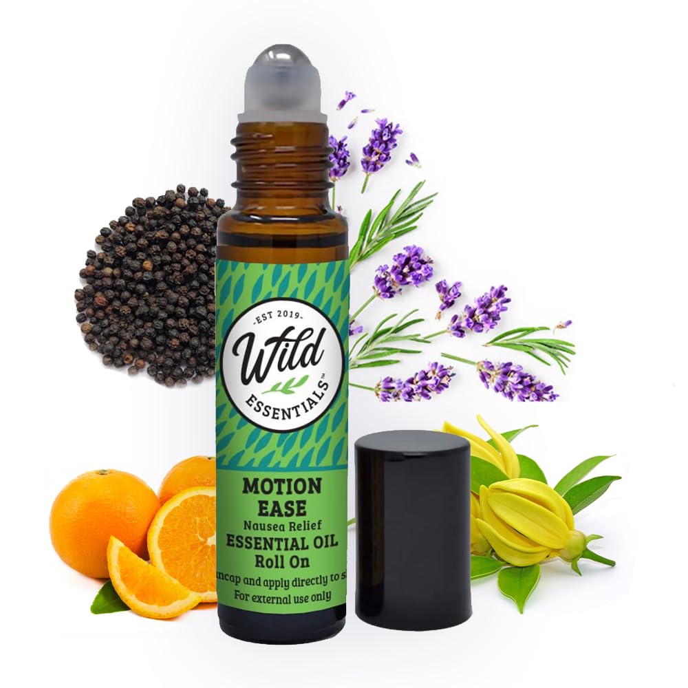 Wild Essentials Motion Ease Essential Oil Roll On, 10ml Beweging Ziekte, Misselijkheid, Gestoorde Maag, Vertigo, Dizzy, Zeeziek, Carsick, Gemaakt met Organische Jojoba Olie, Gebruiksklaar, Moisturizer, Alle Natuurlijke