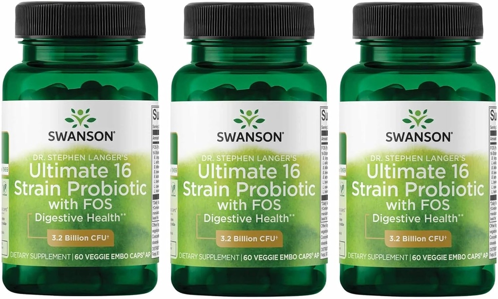 Swanson Dr. Stephen Langer's Formula - Natural Probiotic w/Prebiotic FOS - 16-Strain Supplement Promoting Digestive Support w/ 3,2 Miljard CFU per Capsule - (60 Veggie Capsules) 3 Pack