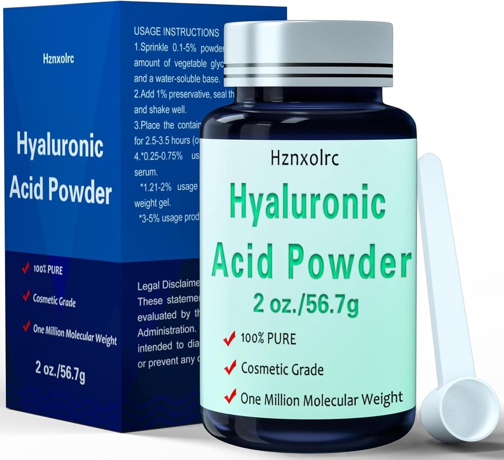 2 oz Hyaluronzuurpoeder, 56,7 Gram, hoog moleculair gewicht, 100% zuiver, Premium Hyaluronzuurpoeder voor huidverzorging, veganistisch, wateroplosbaar