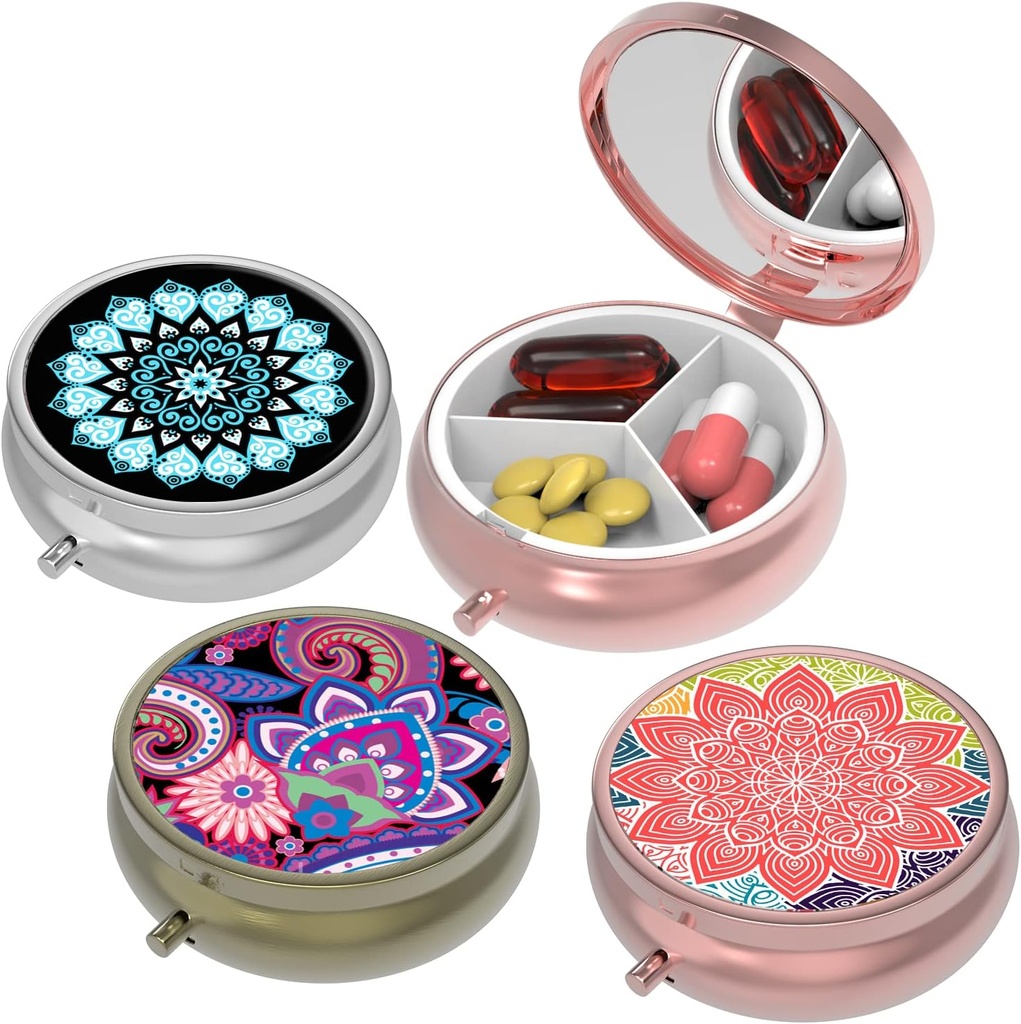 Kleine pil Box,Pill Case voor Purse&Pocket,3 Compartments Travel Pill Case Medication Organizer Opslag voor Vitaminen, Pillen, Visolie en oorbellen, Studs,Round Silver Bronze Rose Gold