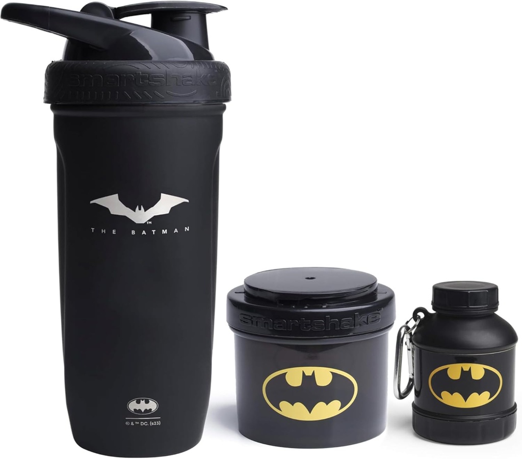 Smartshake DC Comics Bundle Batman Stainless Steel Protein Shaker 900ml met Funnel 110ml en opslagcontainers 200ml.