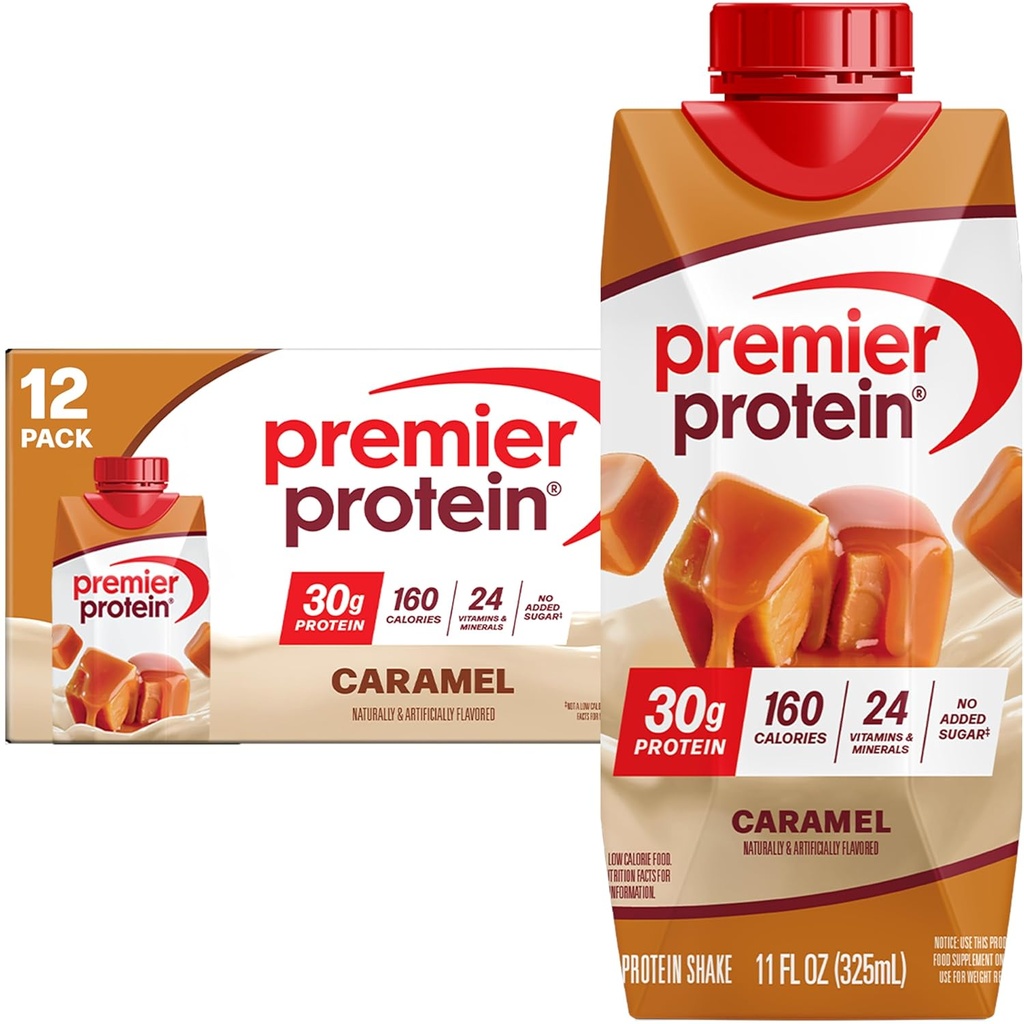 Premier Proteine Shake, Caramel, 30g Proteïne, 11 fl oz, Verpakking van 12 (Verpakking mei Vary)