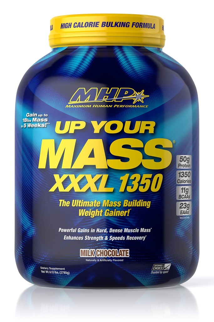 Maximum Human Performance MHP UYM XXXL 1350 Mass Building Weight Gainer, Muscle Mass Gains, w/50g Proteine, High Calorie, 11g BCAA's, Leucine, Milk Chocolate, 8 Servings