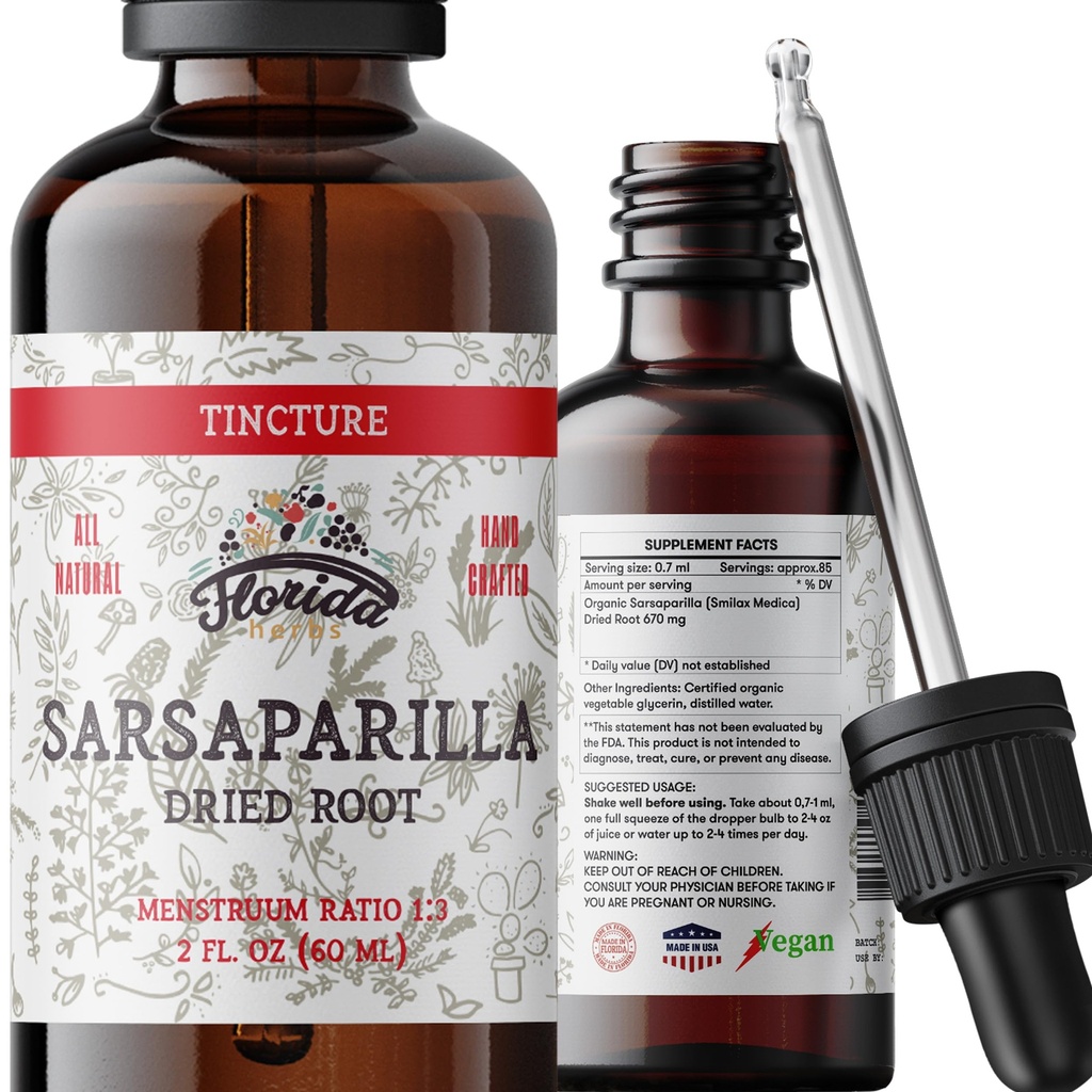 Sarsaparilla Tincture, Organic Sarsaparilla Extract (Smilax Medica) Dried Root, Non-GMO in Cold-Pressed Organic Vegetable Glycerin 2 oz, 670 mg