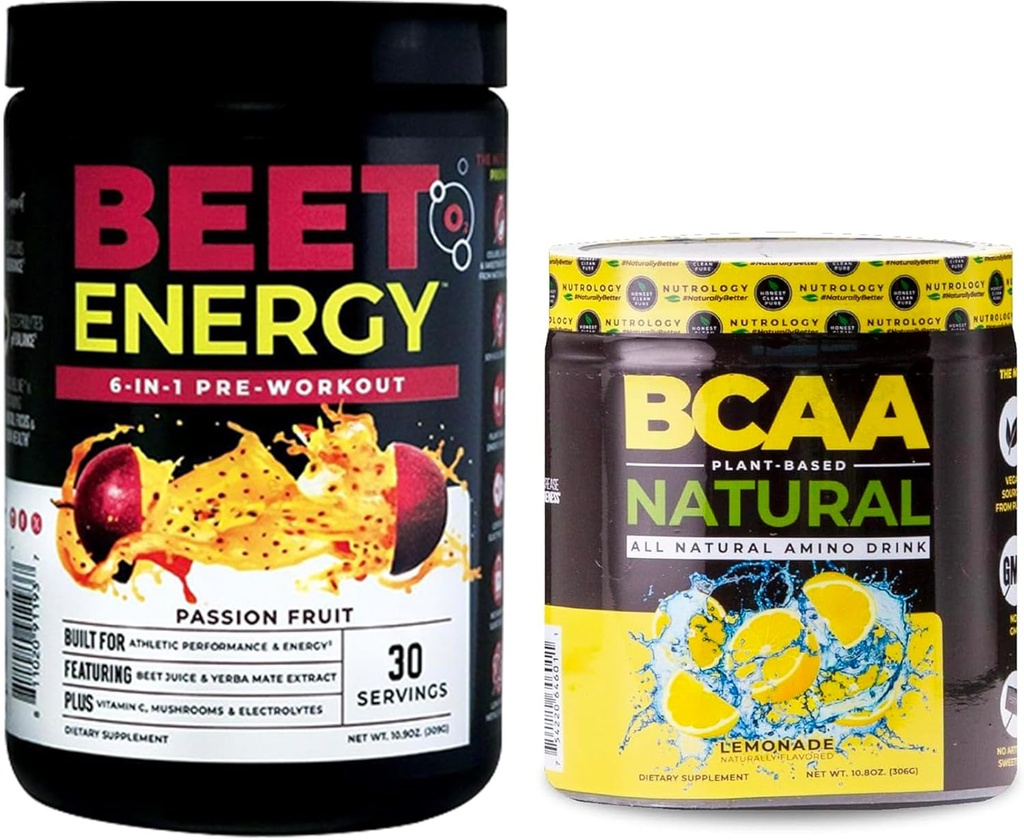 Nutrologie Beet Natural O2, Pre Workout Powder, Passie Fruit smaak (30 porties) BCAA Natuurlijke, plantaardige BCAA poeder, limonade smaak (30 porties)