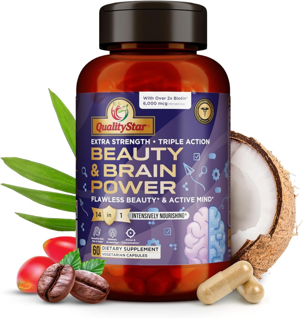 Schoonheid & hersenkracht, extra sterkte + drievoudige actie hersensupplement, huidvitaminen voor foutloze schoonheid, schoonheid & hersenen gezondheidssupplementen voor volwassenen, 60 vegetarische capsules