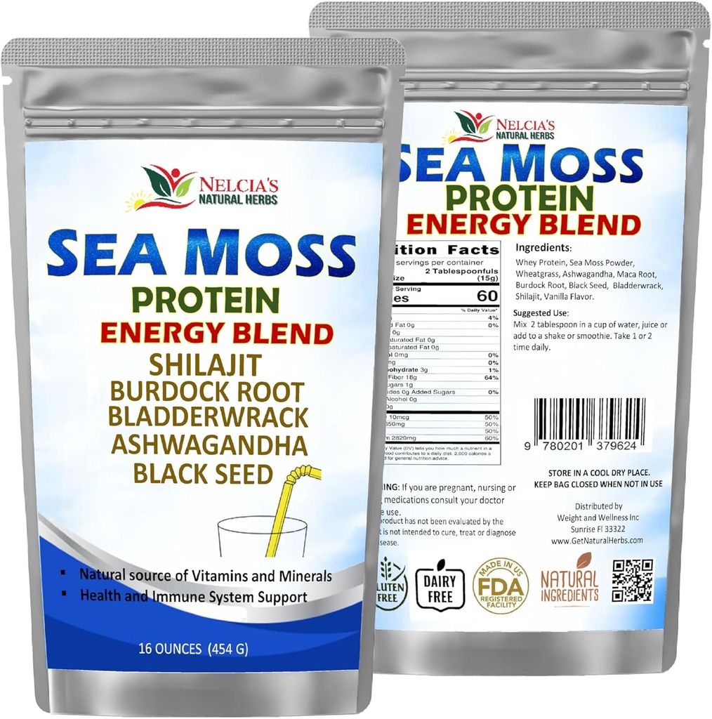 NELCIA'S NATUURLIJKE HERBS Sea Moss Ashwagandha Protein Powder - Natural Irish Sea Moss, Bladderwrack and Burdock Root, Black Seed and Shilajit Powder (16oz)