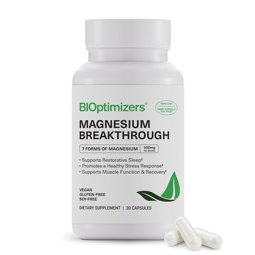 BIOptimizers Magnesium Doorbraak Complex Supplement met 7 vormen van Mg: Glycinate, Malate, Citraat, en nog veel meer - Natuurlijke ondersteuning voor slaap en cognitieve functie - 30 capsules- Kalmerende vitaminen