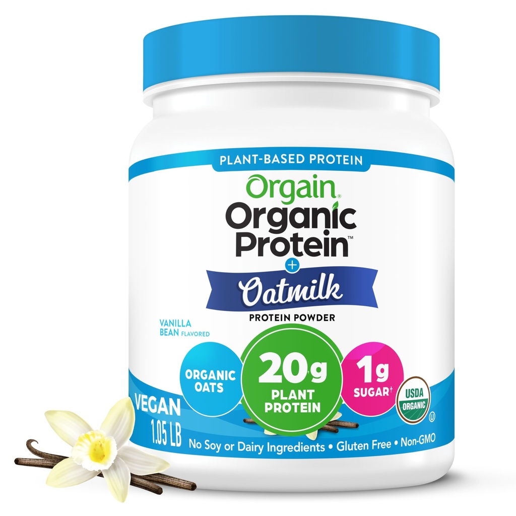 Orgain Organic Vegan Protein Powder + Haver Milk, Vanilla Bean - 20g Plant Based Protein, Glutenvrij, Geen Zuivel, Soja of Lactose Ingrediënten, Lage Suiker, Niet-GMO, Kosjer, Voor Shakes & Smoothies - 1,05lb