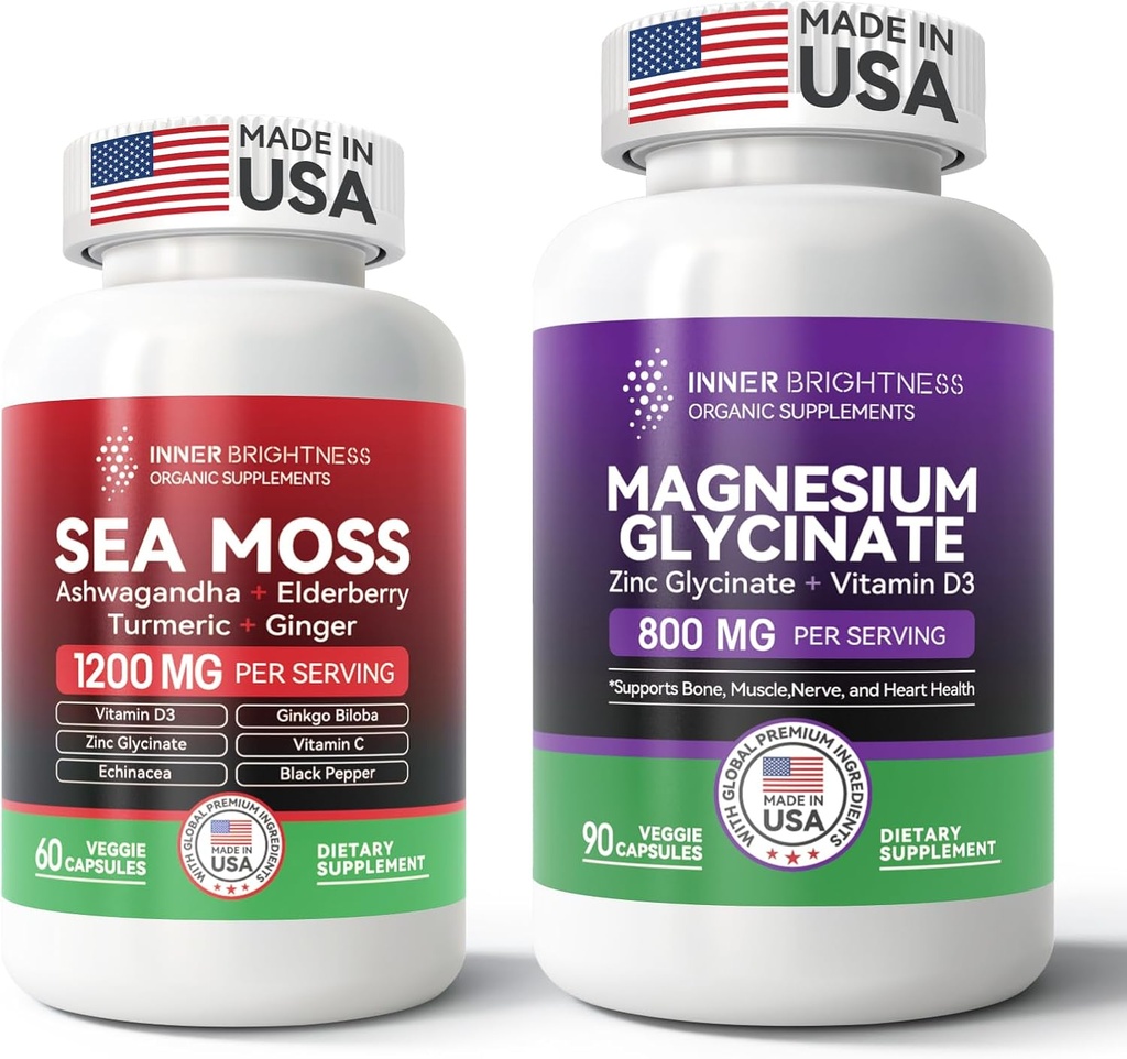 Ultimate Wellness Bundle: All-in-1 Sea Moss Advanced + Magnesium Glycinate for Energy, Immune, Sleep & Heart Health - 60ct Sea Moss Pillen + 90 Vegetarische Capsules