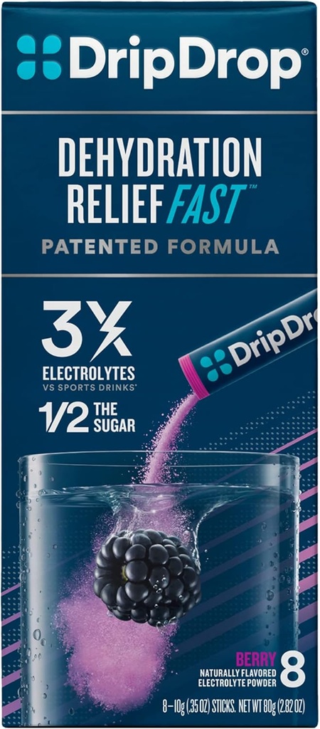 DripDrop ORS Electrolyte Hydration Powder Sticks, Berry, 10g Sticks, 8 Tellen