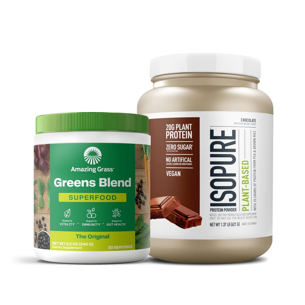 Bundle of Amazing Grass Greens Superfood Powder: Original, 30 Servings + Isopure Chocolate Vegan Protein Powder, Plant Based, Organic Pea Protein, Dairy Free, 20 Servings (Verpakking mei Vary)