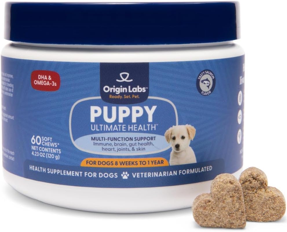 Oorsprong Labs Puppy Multifunctionele Ondersteuning DHA Omega 3 Supplement, Wild Alaska Zalm Visolie, Probiotica voor Gut Health, Immune Ondersteuning, Hart, Huid, Hersenen, Joint Health, Zalm smaak, 60 Zachte Kauwen