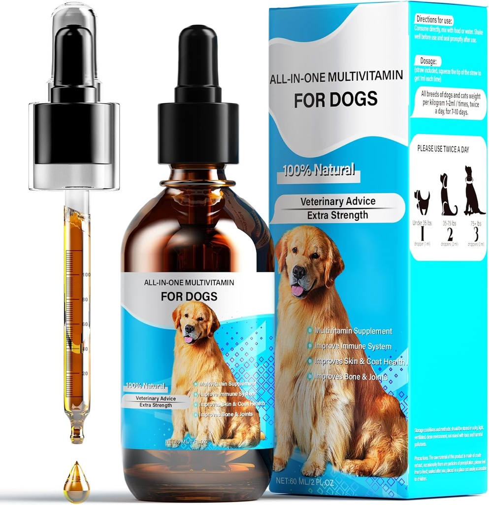 Hondenvitaminen Vloeibaar, 13-in-1 Honden Multivitamine Extra sterkte om honden te verbeteren Verterings- & Immune, Huid & Coat, Bot & Gezamenlijke Gezondheid, 60 Ml Nature Honden Vitaminen en Supplementen voor alle leeftijden Ras grootte hond