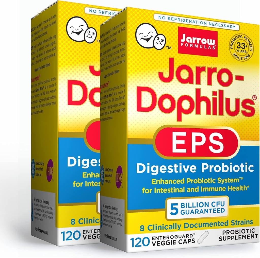 Jarrow Formulas Jarro-Dophilus EPS - 5 miljard Organismen per portie - 120 Enteric Coated Veggie Caps, Multi-Strain Probiotic - Intestinal & Immune Health, 120 Count (Pack of 2)