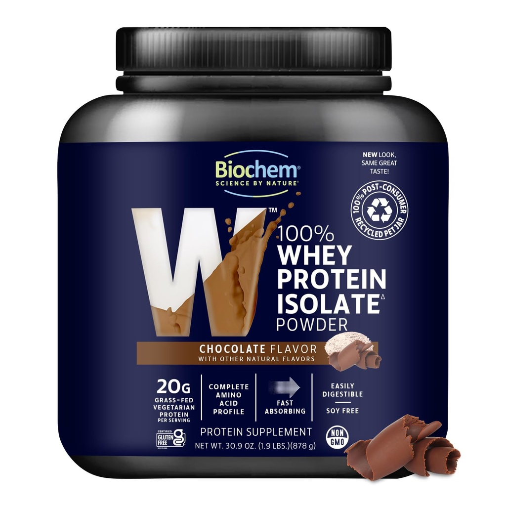 Biochem 100% Wei Isolaat Proteïnepoeder, Chocoladesmaak, 20g Grass-Fed Proteïne, Keto Vriendelijk, Glutenvrij, Vegetarisch, Makkelijk te onderscheiden, 30.9 oz, 28 Serven