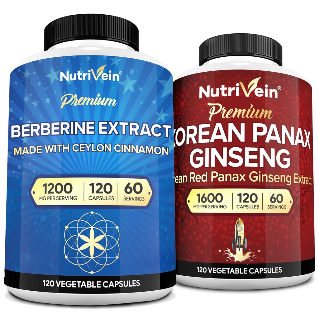 Nutrivein Premium Korean Panax Ginseng Supplement & Berberine Supplementen bundel: High-Absorptie Berberine Complex & echt Red Ginseng Bundle voor dagelijkse helderheid, vitaliteit, & Wellness