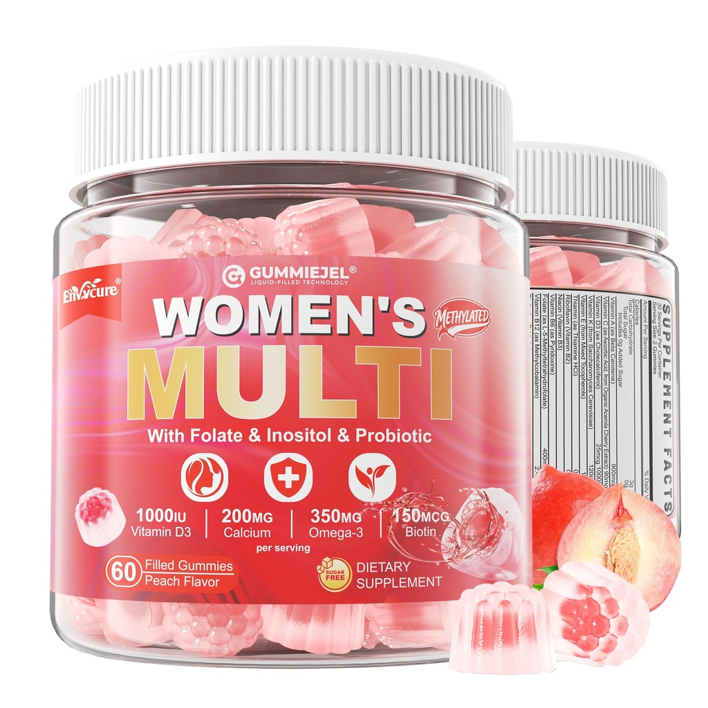 Multivitamine Gummies voor vrouwen zonder suiker - Vrouwen Gemethyleerde Multivitamine Gevulde Gummies met Omega-3, Enzymen & Antioxidant Blend ter ondersteuning van de algehele gezondheid, immuniteit, haar, nagels & huidgezondheid - 60 ct