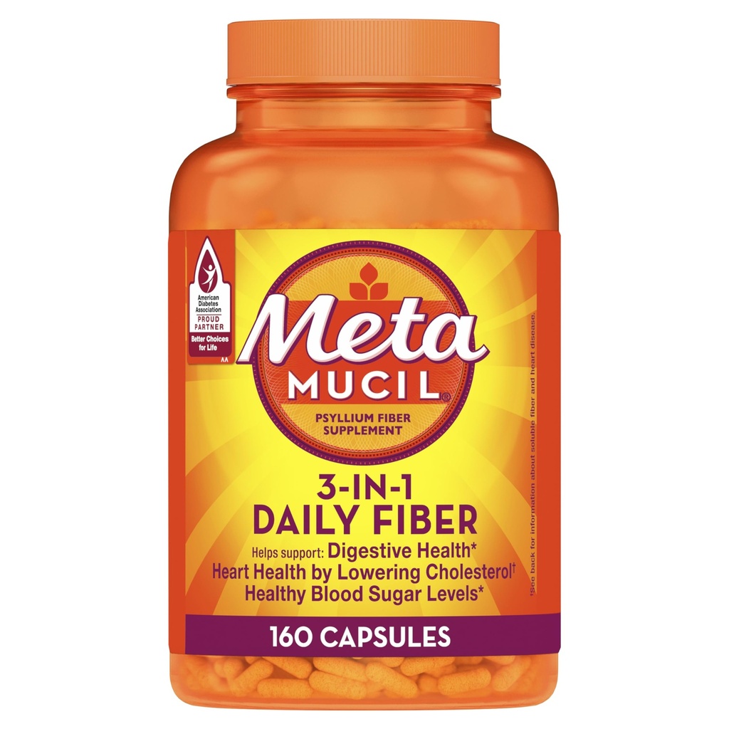 Metamucil, Psyllium Husk Capsules, 160 Capsules, 3-in-1 Fiber Supplement, Daily Psyllium Husk Fiber Capsules Help Ondersteuning Digestieve Gezondheid door het bevorderen van de regelmaat*, Help Supplement Dagelijkse Fiber inname