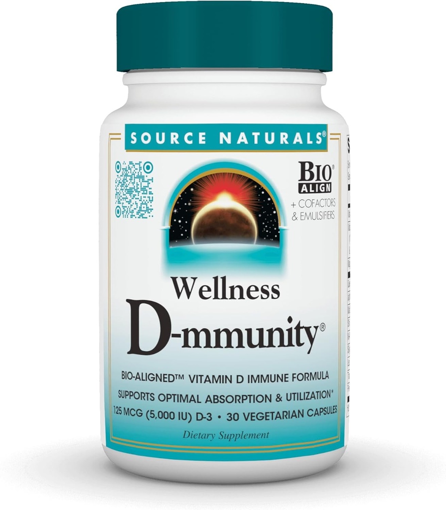Bron Natuurlijken Wellness D-munity, Bio-uitgelijnd Vitamine D Immune Formule, Ondersteunt optimale absorptie en gebruik*, 125 mcg (5.000 IE) D-3-30 Vegetarische Capsules