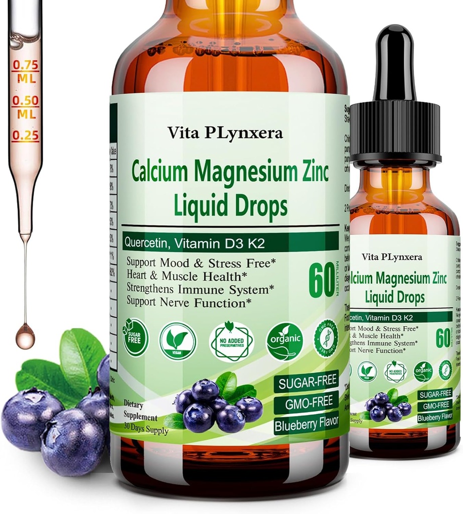 Calcium Magnesium Zink, Liquid Calcium Magnesium Citrate met vitamine D3 K2, B6, Omega-3, High Potency Liquid Magnesium Calcium Drops w. Kruidensupplement voor bot, spier, ontspanning, slaap, nerve