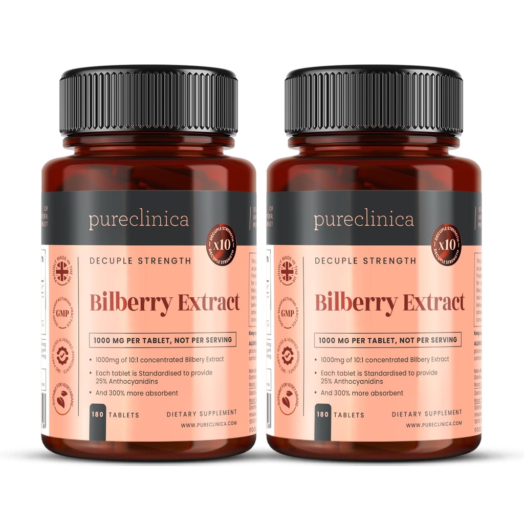Pureclinica Bilberry Extract 10.000 mg x 360 tabletten (2 flessen) - 10 X Meer Anthocyanidines w/5mg Black Pepper Extract