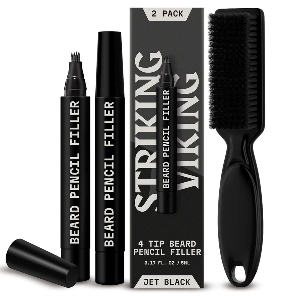 Opvallende Vikingbaard Potlood Filler voor mannen - Pack of 2, Jet Black - Waterproof Lange-Lasting Baard Pen - 4-Pranged Tip voor Gap Reparatie & Barber Potlood - Zachte Bristle Brush & Pen Filler