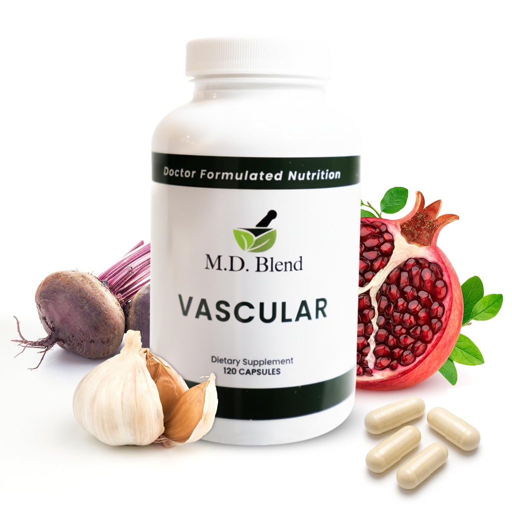 M.D. Vasculaire - Expert Formuled Supplement - Vasculaire en algemene wellness doelstellingen - juiste stroom, nummers, balans - krachtige Knoflook, gember, L-Arginine, granaatappel - 120 capsules (verpakking van 2)