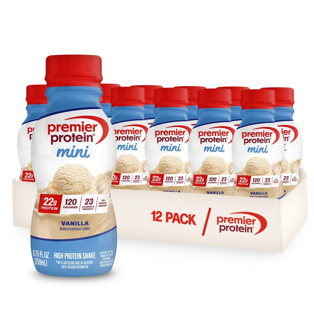 Premier Proteïne Shake MINI's, Vanille, 22g Proteïne, 120 Calorieën, 1g Suiker, 8,75f Oz, Verpakking van 12