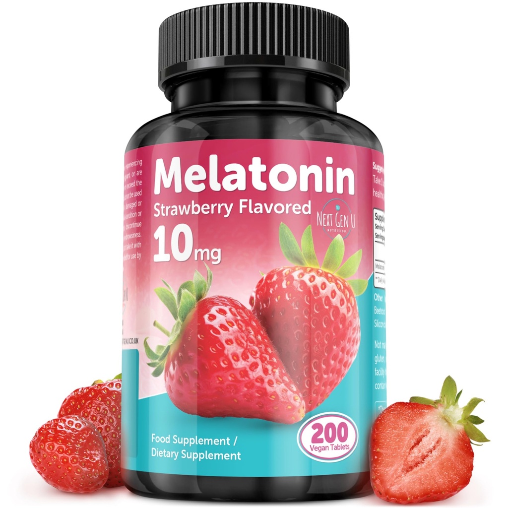 Melatonine tabletten - 10 mg Dieetsupplement - Aardbei smaak - 200 Vegan tabletten - door NextGenU