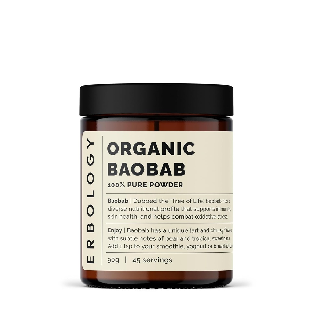 Erbologie Biologische Baobab Poeder 3.2 oz - 45 Servers - Huidgezondheid en Immuniteit Ondersteuning - Rijk aan vitamine C, B Vitaminen en Polyfenolen - Duurzaam Sourced Straight from Farm - Vegan - GMO-vrij